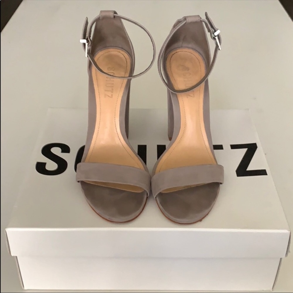 SCHUTZ Grayish Tan Ankle Strap Heels